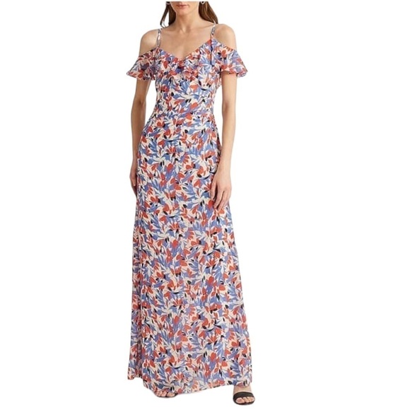 Lauren Ralph Lauren Maxi Off Shoulder Crinkled Georgette Floral Dress Size 10 - Picture 1 of 15